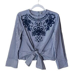 Paraphrase Embroidered Pinstripe Blouse Tie Front Cuffed Long Sleeve S